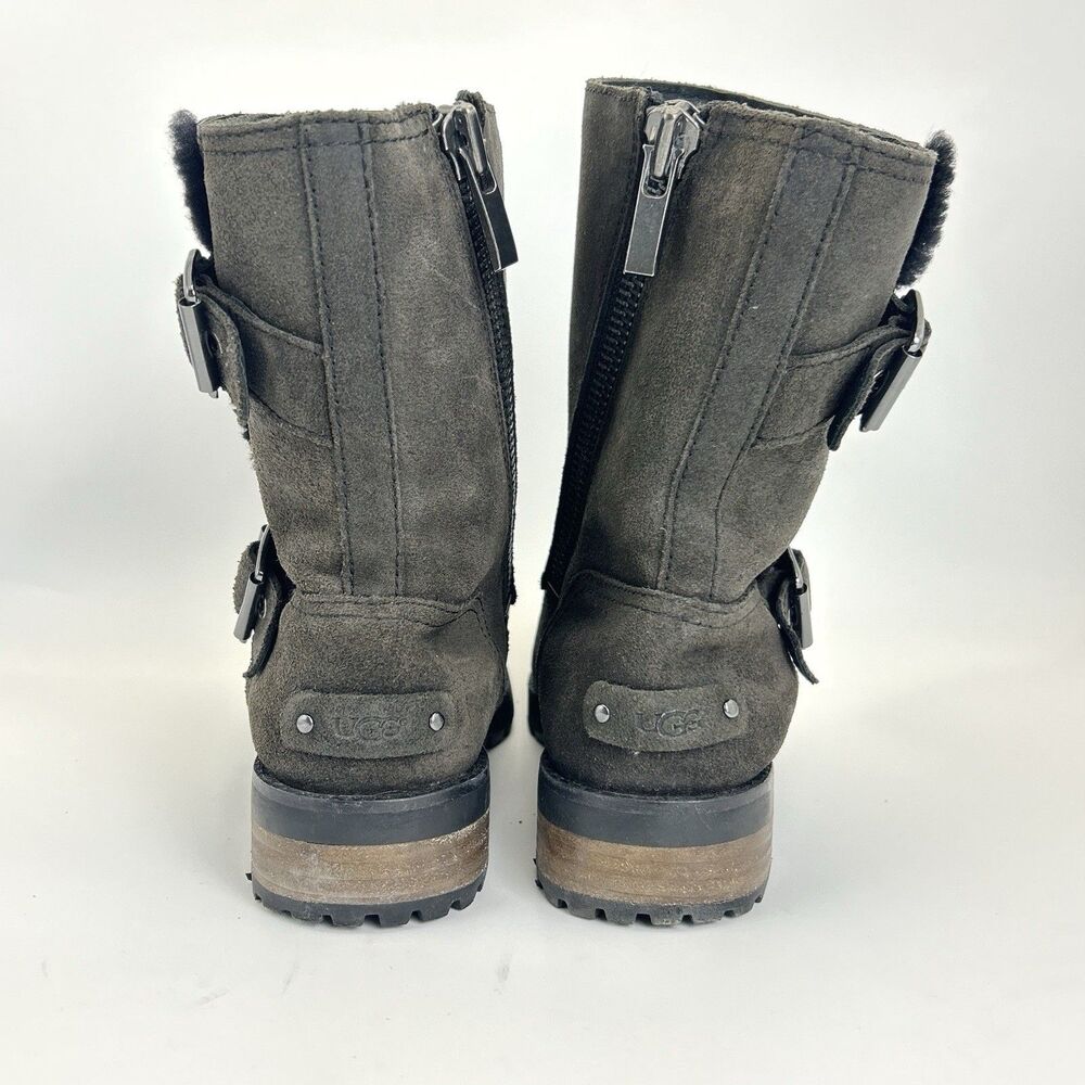 UGG Niels II Boots Womens 7 Black Suede Sheepskin Mid-Calf Zipper Biker 1095130 - Picture 5 of 9